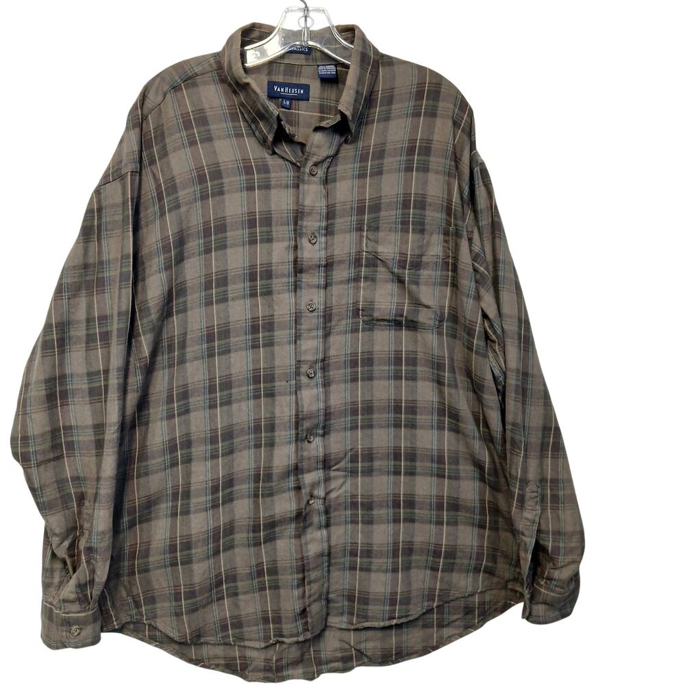 Vintage Van Heusen Khaki Classics Plaid Button Up Shirt Mens Large L